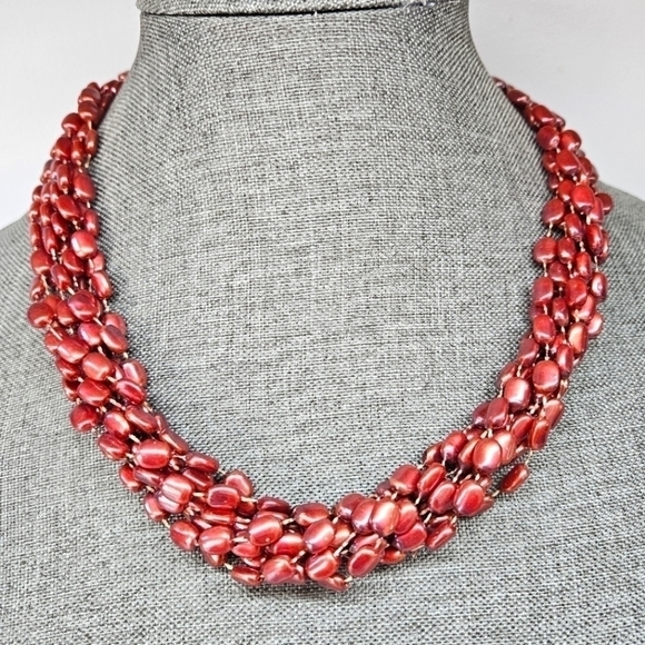 VINTAGE Plastic Beaded Burgundy Red Twisted Convertible Necklace Hong Kong - Picture 1 of 7